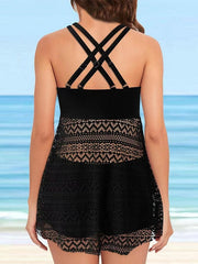 Women's Tankini 2-Piece Swimsuit: Open Back, High Waisted, Lace, Padded, Black/Blue, Vacation Fashion