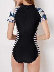 Women's Floral Rash Guard Swimsuit, Tummy Control, Scoop Neck, Padded, Black, Vacation Fashion