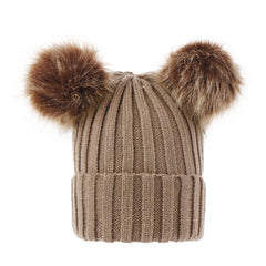 Winter Warm Knitted Wool Hat with Double Hairball Earmuffs for Women & Kids - Cute Beanie Cap