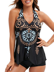 Plus Size Floral Tankini Swimsuit - Open Back, Halter, Padded, V Wire, Black, Vacation Fashion