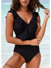 Women's Swimwear One Piece Normal Swimsuit Ruffle Solid Color Striped Black Pink Bodysuit Bathing Suits Sports Beach Wear Summer