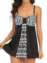 Plus Size Women's Tankini Swimsuit - Open Back, Striped Print, Padded, Black, Vacation Fashion