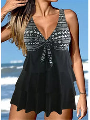Women's Swimwear Tankini 2 Piece Plus Size Swimsuit Open Back Printing Geometric Black Camisole V Wire Bathing Suits New Vacation Fashion / Modern / Padded Bras