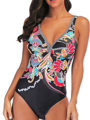 Women's Swimwear One Piece Monokini Bathing Suits Normal Swimsuit Tummy Control Open Back Print Polka Dot Flower Black V Wire Bathing Suits New Casual Vacation / Modern