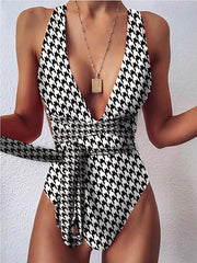 Women's Swimwear One Piece Normal Swimsuit Lace up Tummy Control Printing Houndstooth Black Bodysuit Bathing Suits Sports Beach Wear Summer