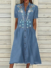 Women's Blue Denim Midi Dress - Casual Short Sleeve with Floral Embroidery