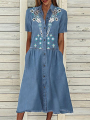 Women's Blue Denim Midi Dress - Casual Short Sleeve with Floral Embroidery