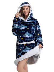 Women's Oversized Plush Hoodie Blanket Pajamas - Winter Wearable Nightgown with Pockets