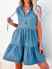 Women's Denim Mini Dress - Sleeveless V-Neck Tiered Casual Summer Dress