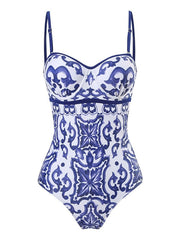 Women's Swimwear One Piece Monokini Bathing Suits Normal Swimsuit Tummy Control Open Back Printing High Waisted Flower Blue Navy Blue Strap Bathing Suits Sexy Vacation Fashion