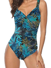 Women's Swimwear One Piece Monokini Bathing Suits Normal Swimsuit Tummy Control Open Back Printing Leaf Blue Strap Bathing Suits New Vacation Fashion / Modern / Padded Bras