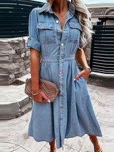 Women's Cotton Denim Maxi Dress - Casual Short Sleeve with Pockets & Button Detail