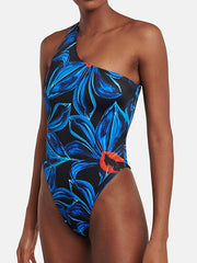 Women's Swimwear One Piece Monokini Bathing Suits Normal Swimsuit Backless Tummy Control Printing One Shoulder Flower Blue Bathing Suits New Vacation Sexy