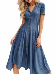 Women's Denim Midi Swing Dress - Casual Short Sleeve Shirt Dress for Summer