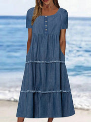 Women's Casual Denim Midi Dress with Ruffle Sleeves and Button Detail