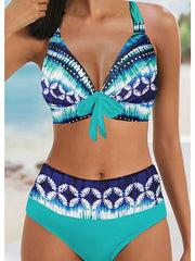 Women's Swimwear Bikini 2 Piece Plus Size Swimsuit Backless 2 Piece Printing Bowknot White Blue Halter V Wire Bathing Suits New Stylish Vacation / Sexy / Padded Bras