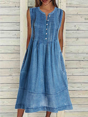 Women's Sleeveless Denim Midi Dress with Pockets - Casual Crew Neck Summer Dress