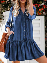 Women's Denim Midi Shirt Dress with Pockets - V Neck Long Sleeve Casual