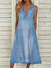 Women's Maxi Denim Dress - Sleeveless Shift with Pockets for Summer