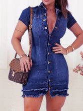 Women's Denim Mini Dress - Casual Sheath with Raw Edge, Short Sleeve for Summer