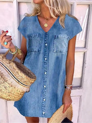 Women's Denim Mini Dress - V-Neck, Short Sleeve with Pockets for Summer