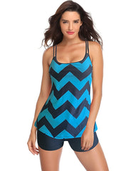 Women's Swimwear Tankini with Shorts / Top Normal Swimsuit Printing Adjustable Waves Stripes / Ripples Blue Camisole Strap