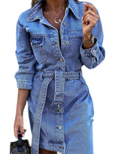 Women's Cotton Denim Midi Shirt Dress with Lace-Up and Buttons for Spring/Summer