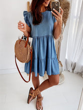 Women's Denim Mini Swing Dress - Casual Short Sleeve Crew Neck for Summer