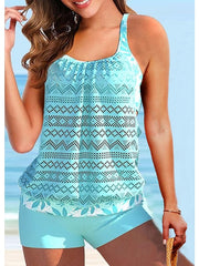 Women's Swimwear Tankini 2 Piece Plus Size Swimsuit Lace Floral Black Pink Blue Green Tank Top High Neck Bathing Suits Sports Summer