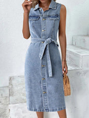 Women's Sleeveless Denim Midi Shirt Dress with Lace-Up Detail for Summer