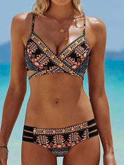 Women's Swimwear Bikini 2 Piece Normal Swimsuit Backless Printing string Hole Geometic Brown V Wire Bathing Suits New Ethnic Style Vacation / Sexy / Vintage / Strap
