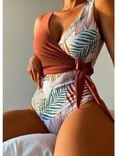 Women's Swimwear One Piece Normal Swimsuit Lace up Printing Leaf Brown Green Bodysuit Bathing Suits Sports Beach Wear Summer