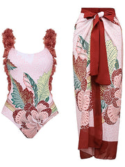 Women's Swimwear One Piece Beach Bottom Normal Swimsuit 2 Piece Printing Floral Burgundy Bodysuit Bathing Suits Sports Beach Wear Summer