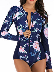 Women's Swimwear Rash Guard Diving Normal Swimsuit UV Protection Zipper Printing Floral Dusty Blue Padded Scoop Neck Bathing Suits New Vacation Fashion / Sexy / Modern / Spa / Padded Bras
