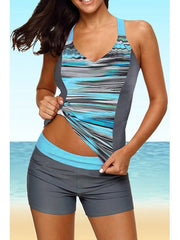 Women's Swimwear Tankini Swim Dress 2 Piece Normal Swimsuit Halter 2 Piece Modest Swimwear High Waisted Striped Gray Padded Strap Bathing Suits Sports Vacation Beach Wear