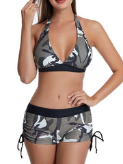 Women's Swimwear Bikini 2 Piece Plus Size Swimsuit 2 Piece Open Back Printing High Waisted Camo Camouflage Gray Halter V Wire Bathing Suits New Vacation Sports & Outdoors / Sexy / Spa