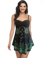 Women's Floral Stripe Tankini Set - Adjustable Green Camisole & Shorts Beachwear