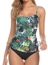 Plus Size Women's 2-Piece Tummy Control Swimsuit, Open Back, Green Leaf Print, Big Bust, Vacation Ready