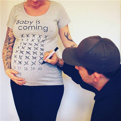 Baby Is Coming Print Women Maternity Clothing Pregnant Short T Shirt Funny Top For Photography Photo Shoot Plus Size - Sheseelady