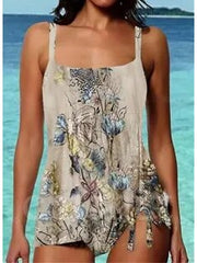 Women's Floral Print Tankini Swimsuit, High Waisted, Padded, Khaki, Sexy Sports Vacation Wear