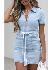 Women's Denim Mini Dress - Casual Short Sleeve with Zipper, Shirt Collar for Summer