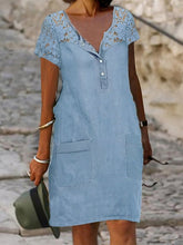 Women's Midi Denim Dress with Lace Pockets - Casual Crew Neck for Summer