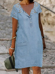 Women's Midi Denim Dress with Lace Pockets - Casual Crew Neck for Summer