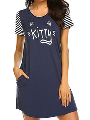 Women's Pajamas Nightgown Nighty Pjs Letter Stripe Fashion Simple Comfort Home Daily Bed Polyester Breathable Gift Crew Neck Short Sleeve Spring Summer Navy Blue, Print