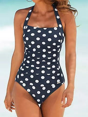 Women's Swimwear One Piece Monokini Bathing Suits Normal Swimsuit Tummy Control High Waisted Polka Dot Navy Blue Padded Bathing