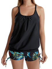 Women's Tankini 2-Piece Backless Swimsuit, Pleated Print, Dots & Leaf, Padded Scoop Neck, Vacation Fashion