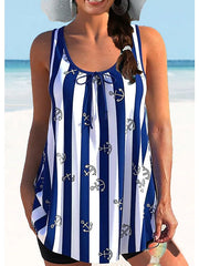 Women's Swimwear Tankini 2 Piece Normal Swimsuit 2 Piece Printing Striped Navy Tank Top High Neck Bathing Suits Sports Beach Wear Summer