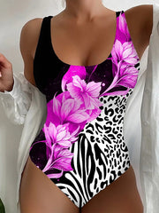 Women's Swimwear One Piece Normal Swimsuit Printing Floral Pink Blue Purple Bodysuit Bathing Suits Sports Beach Wear Summer