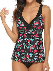 Plus Size Women's Floral Polka Dot Tankini Swimsuit, Open Back, Padded, Vacation Ready