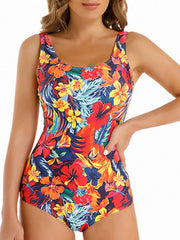 Women's Red Floral One-Piece Swimsuit, Tummy Control, Open Back, Scoop Neck, Padded, Vacation Fashion